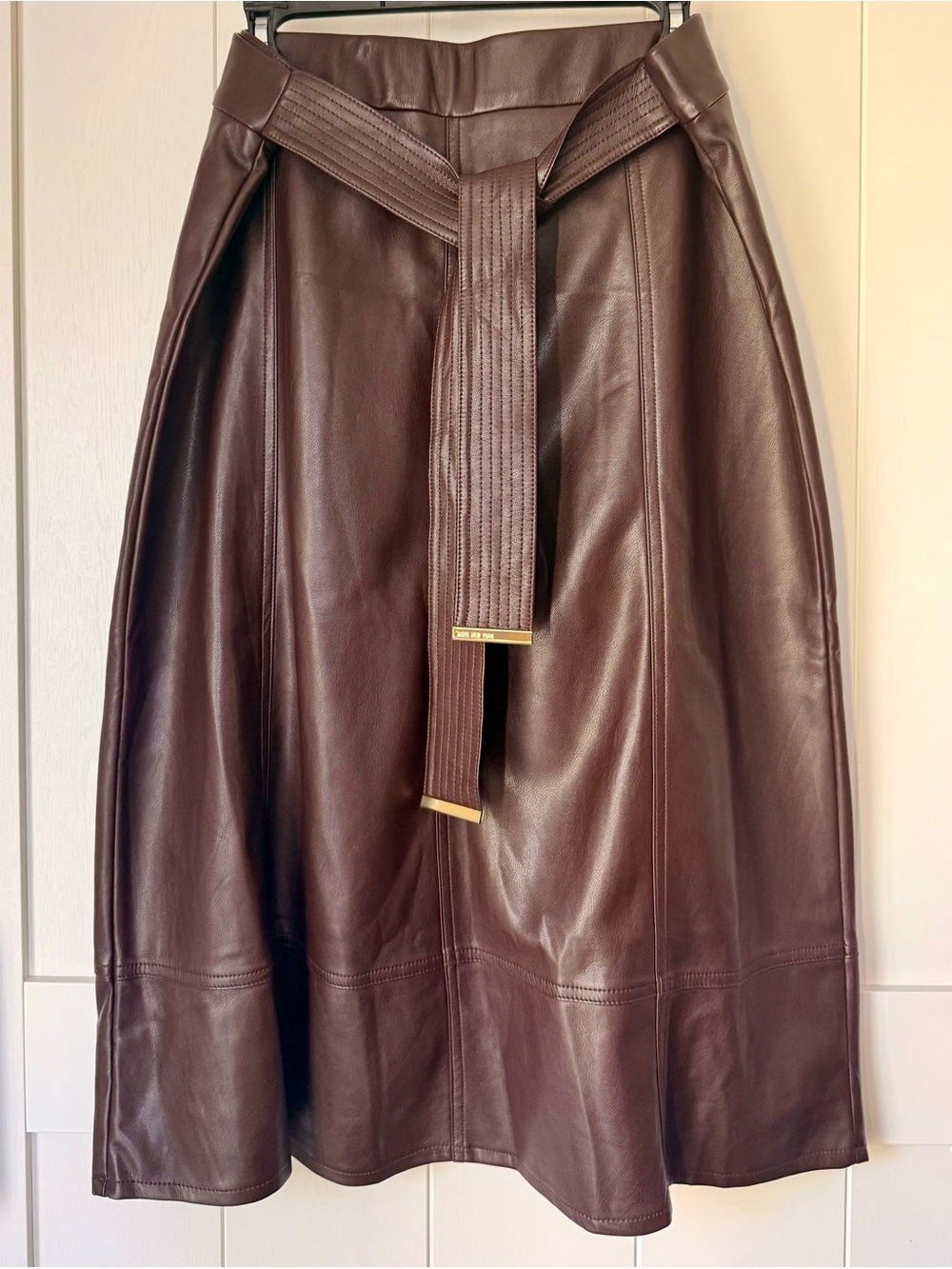 Soft Brown Faux Leather Midi Skirt with Belt